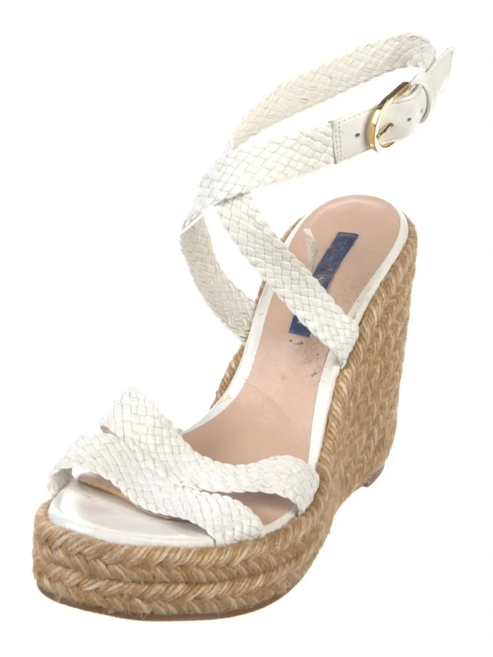 Stuart Weitzman Elise Woven Wedge White Braided Leather Espadrille Sz 10